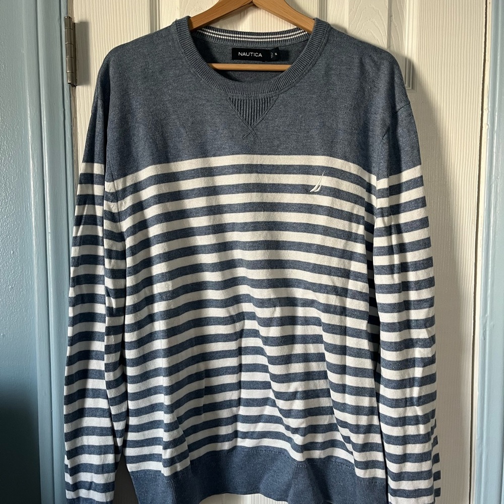 Nautica Men’s Blue & White Striped Crewneck Sweater
